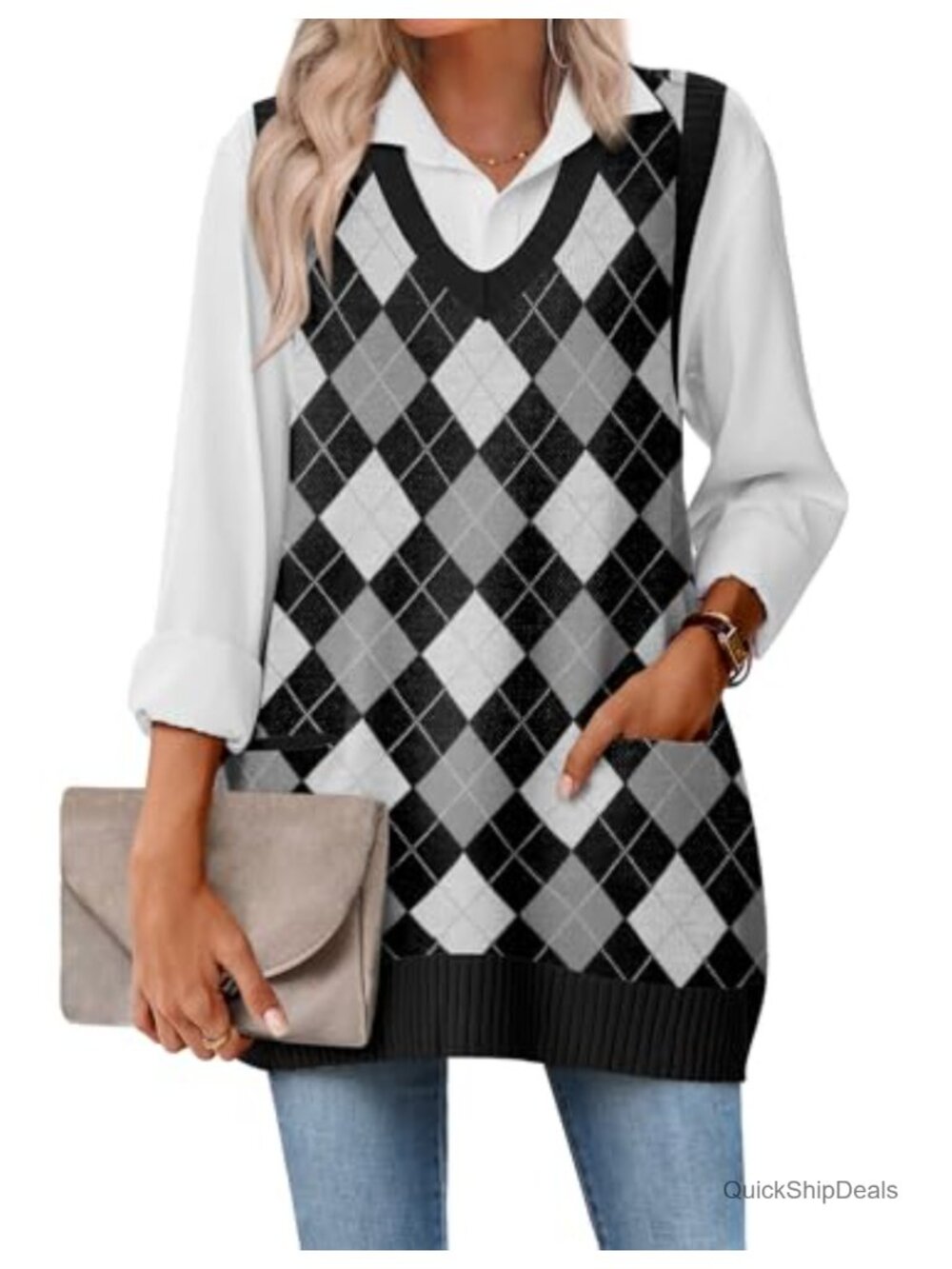 Zeagoo Oversized Sleeveless V Neck Sweater Vest with Pocket Knitted Fall